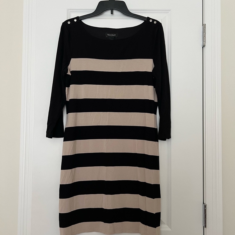 White House Black Market Black and Tan Sheath Dress with Cuffed 3/4 Sleeves